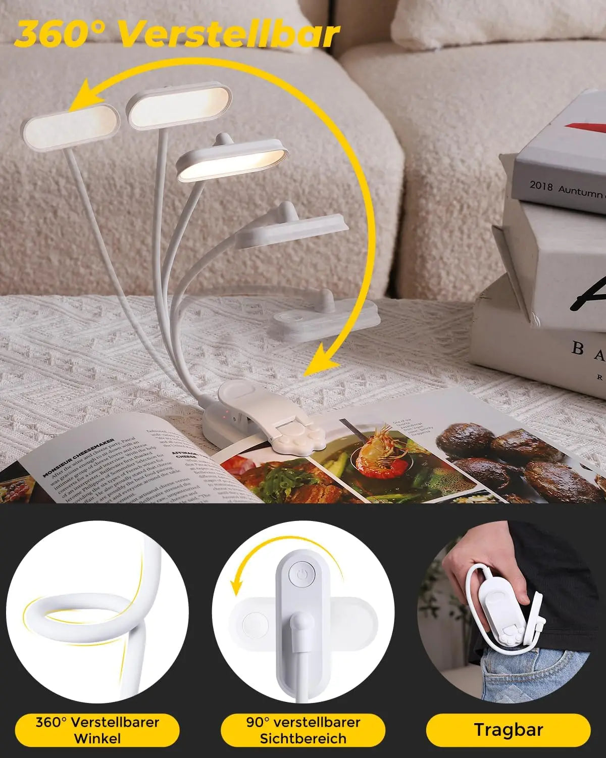 LED Book Light USB Rechargeable Reading Light 3-Level Warm Cool White Daylight Portable Flexible Easy Clip Night Reading Lamp