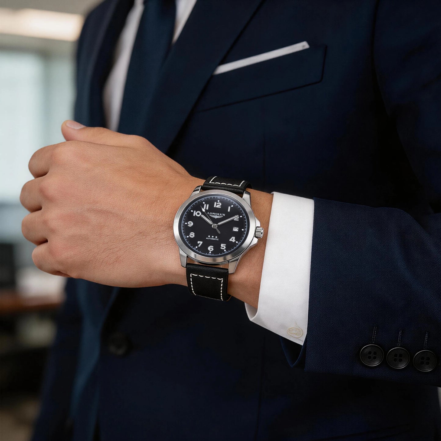 LONGLUX men automatic watch vintage pilot business classic military mechanical watches date waterproof luminous leather gift