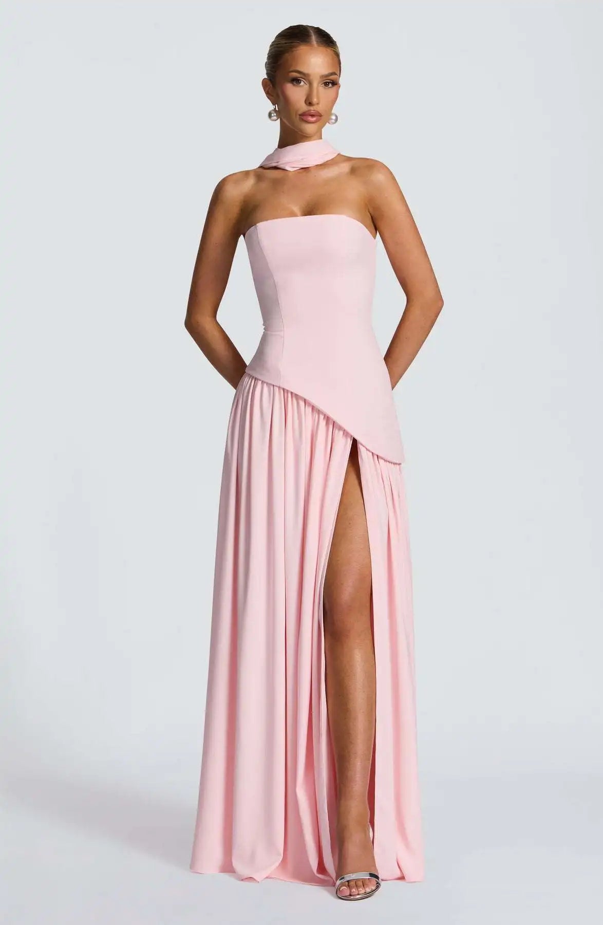 Elegant Off-shoulder Strapless Sexy Summer Party Women Gown Patchwork Pleat Scarf Neck Holiday Evening High Split Long Dresses