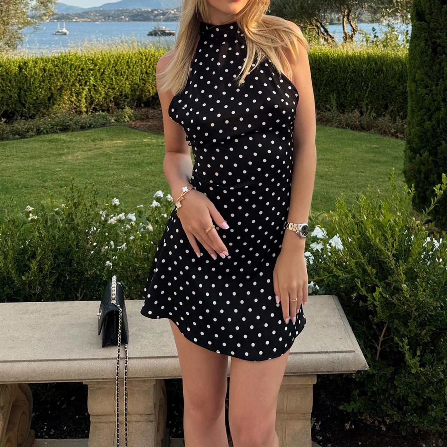 SUCHCUTE Polka Dot Halter Mini Dress – Backless Sleeveless Summer Party Dress