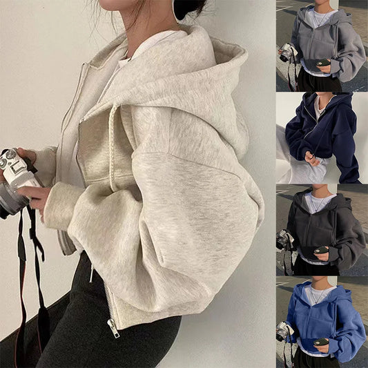 Women's Cropped Fleece-Lined Zip-Up Hoodie – Warm Autumn/Winter Sweatshirt
