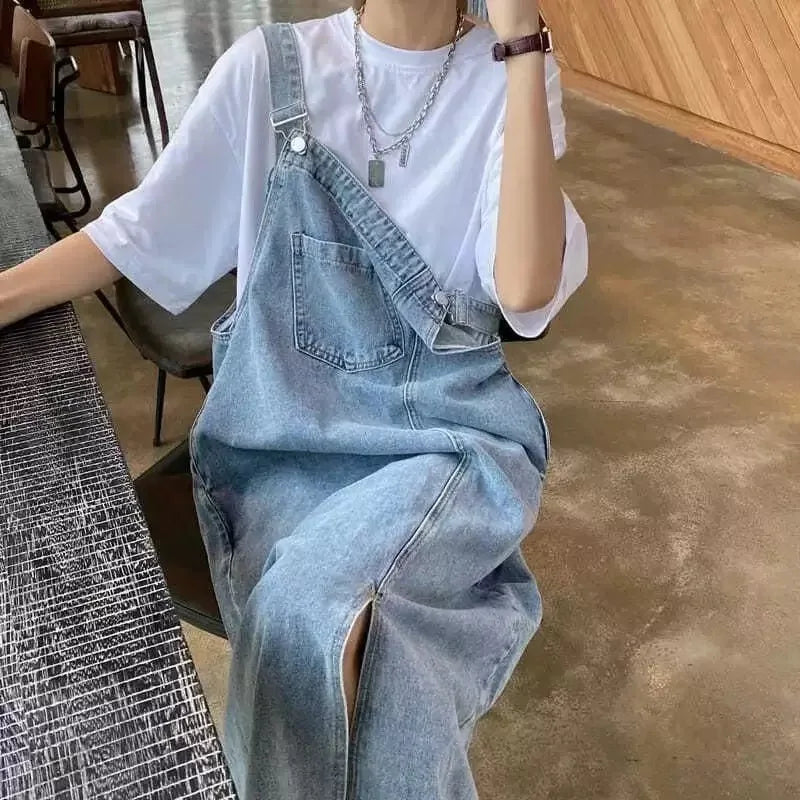 New Irregular Split Cowboy Denim Dress Women Sleeveless Jeans Dresses Fashion Female Solid  Casual Loose Strap Dresses