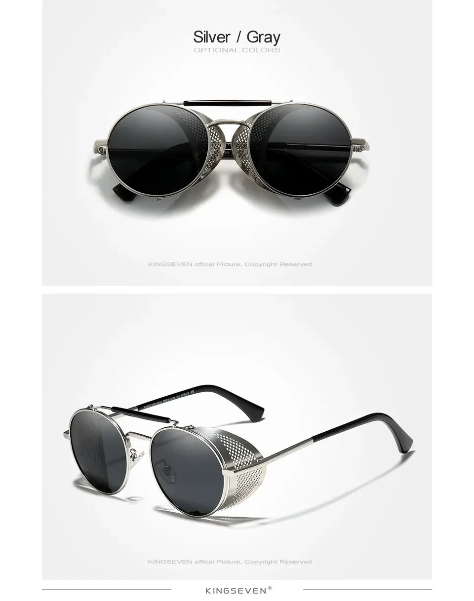 KINGSEVEN Retro Gothic Steampunk Sunglasses Polarized UV400 Men Women Fashion Vintage Eyewear Round Frame Fishing Male Glasses