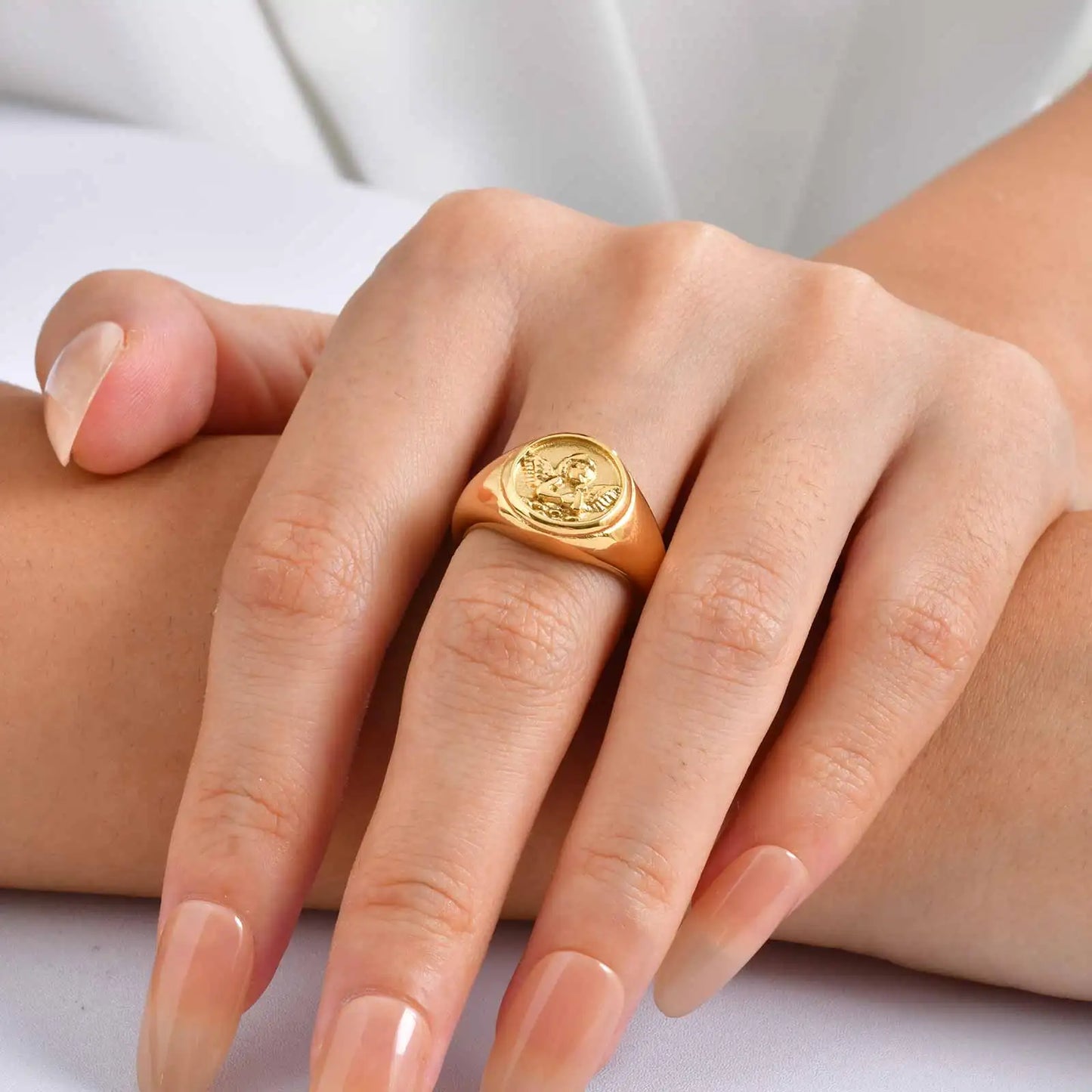 Stainless Steel Glossy Cupid Angel Ring for Women Gold Color Female's Prayer Love Rings Unique Jewelry Gift