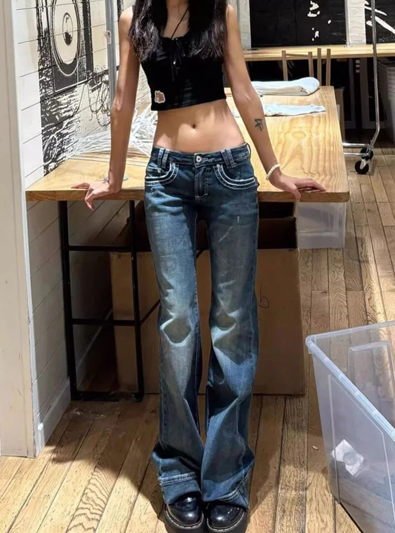 American Vintage Y2K Jeans for Women Sexy Slim Low-Waisted Wide Leg Denim Trousers Female Fashion Streetwear Flared Jean Pants