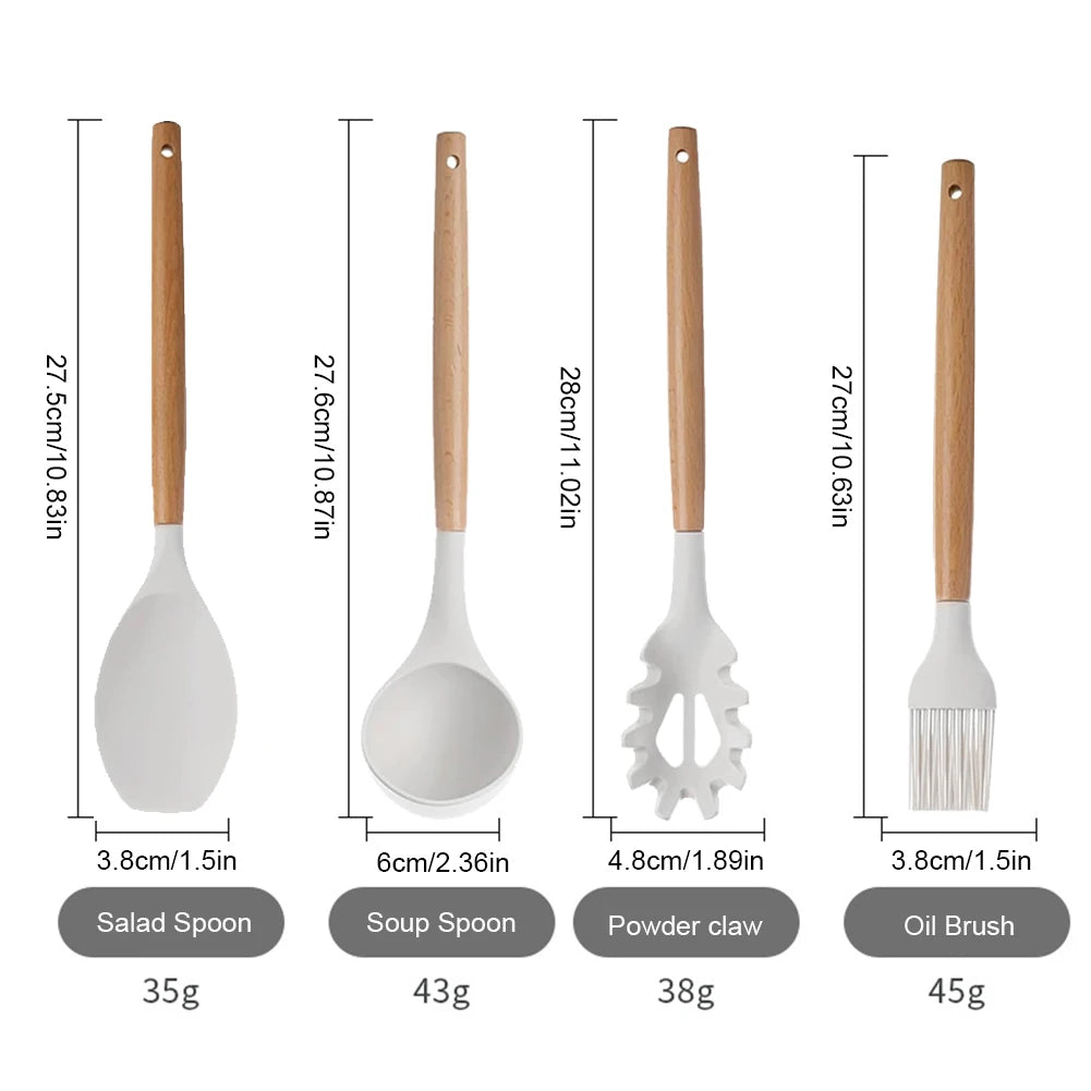 12Pcs Kitchen Utensil Set Cooking Tools Kit Wooden Handle Non-Stick Spatula Set Spatula Spoon Brush Whisk Kitchen Supplies