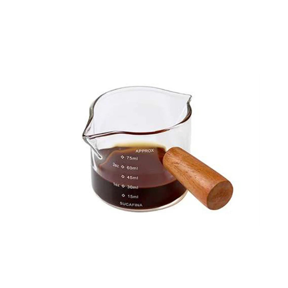 Glass Espresso Measuring Cup with Wooden Handle – Single & Double Shot Jug