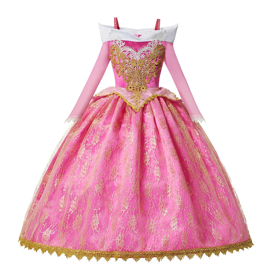 Girls Princess Dress Sleeping Beauty Aurora Cosplay Costume 2025 Kids Carnival Birthday Party Pink  Long Sleeve  Evening Dresses
