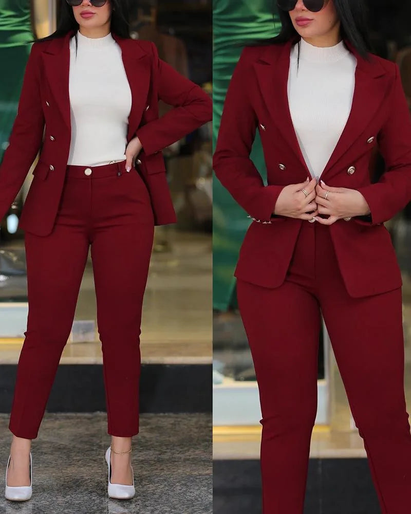 2-delige dameskledingset voor op kantoor: blazer met lange mouwen en potloodbroek met hoge taille, effen kleur