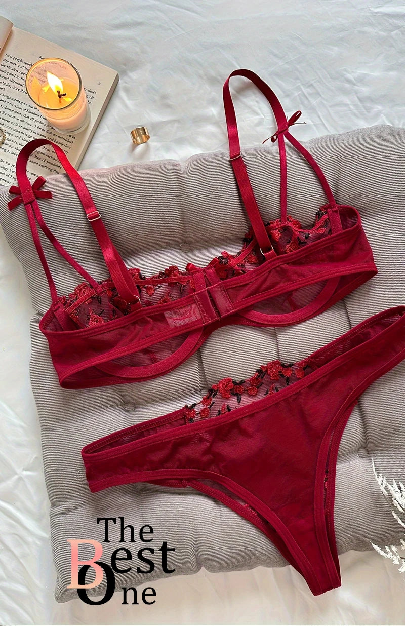 Women's Floral Embroidery Lace Lingerie Set – Sexy 2-Piece Underwear Bra & Briefs