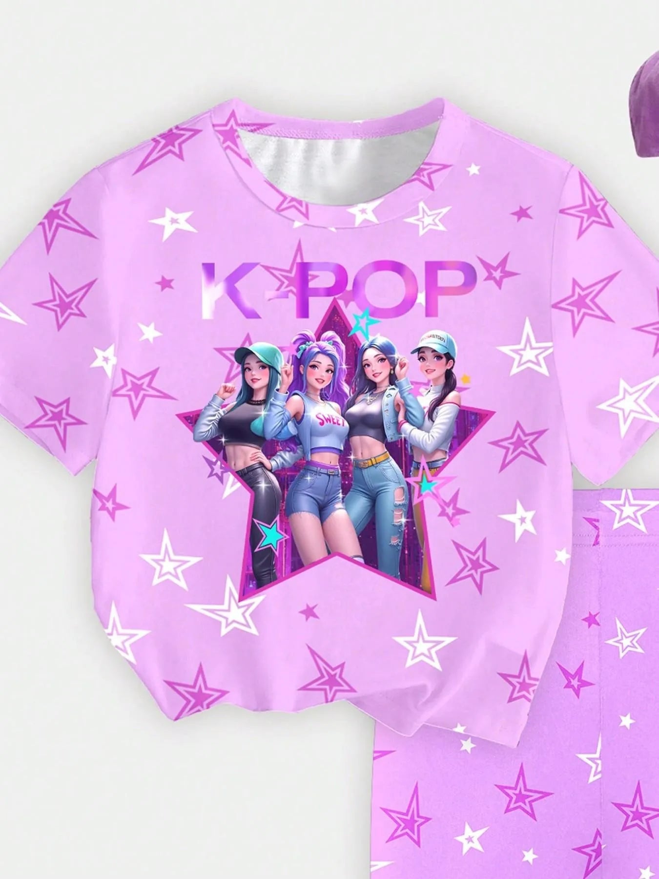 Kids Girls 2-Piece K-POP Star Print Short Sleeve T-Shirt & Biker Shorts Set Casual Streetwear Summer Daily Loungewear Outfit