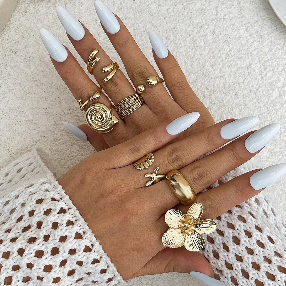 8 Pcs/Set Bohemia Sun Starfish Shell Open Rings for Women Trendy Punk Geometric Gold Color Knuckle Joint Ring Beach Jewelry Gift