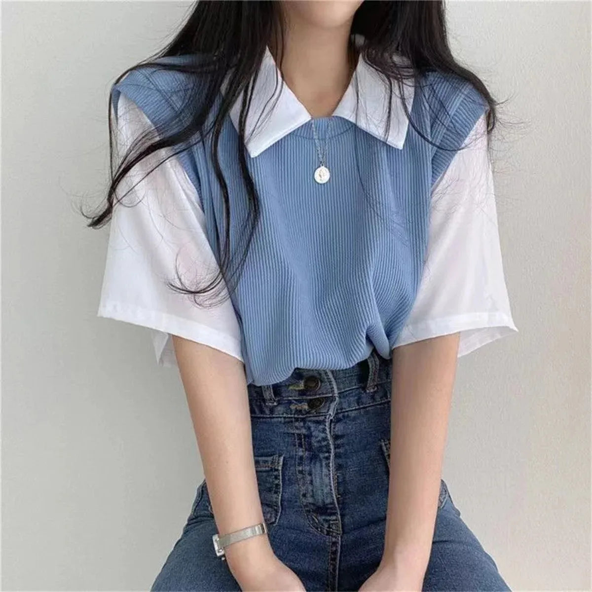 Women's Korean Style Polo Collar Blouse – Y2K False Two-Piece Loose Streetwear Top