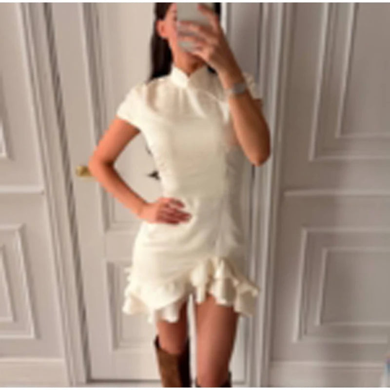Elegant Print Low-cut Ruffle Short Dress Women V-neck Short-sleeved Waist Cinching Pleated Mini Dresses Casual Party Vestidos