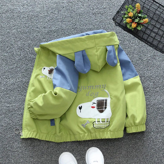Boys Cartoon Dog Print Hooded Windbreaker Jacket – Kids Zip-Up Outerwear Ages 1–6
