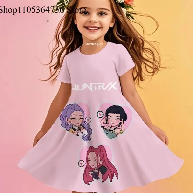 Kpop Demon Hunters Girls Toddler Dress Summer Kids Cartoon Anime Princess Beach Outfit Casual Nightgown