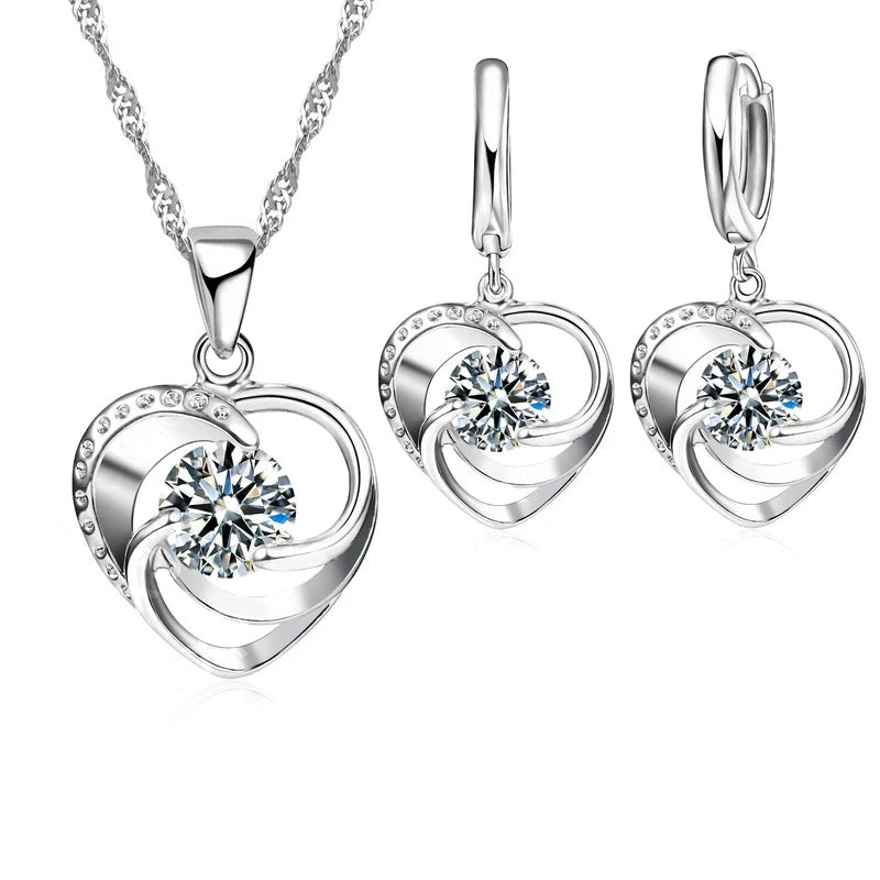 925 Sterling Silver Heart Necklace & Earrings Set – Romantic Love Gift for Women