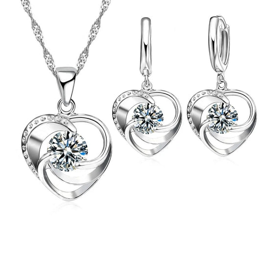 925 Sterling Silver Heart Necklace & Earrings Set – Romantic Love Gift for Women