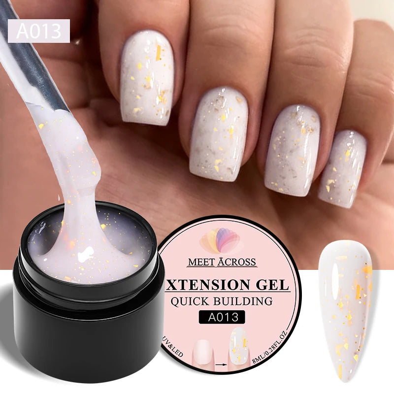 MEET ACROSS 8ml Gold Foils Quick Extension Gel Nail Polish Pink Nude Orange Glitter Finger Prolong Nail Art UV Hard Gel Nails