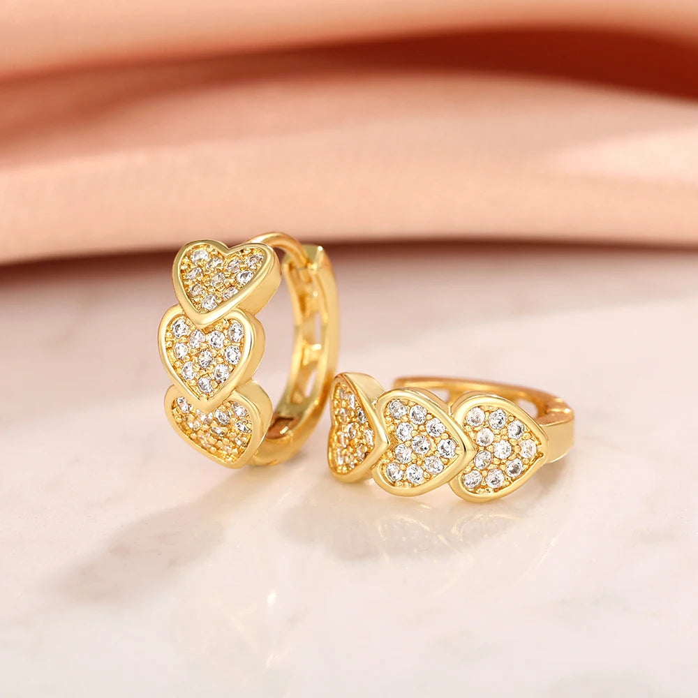Huitan Gold Color Heart Hoop Earrings Full Paved Dazzling CZ Dainty Exquisite Women's Ear Earrings Bridal Wedding Love Jewelry