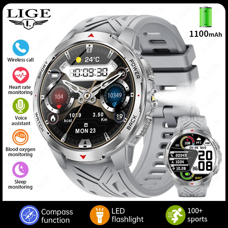 LIGE 1100mAh Battery Smart Watches For Man Outdoor Sport LED Flashlight Compass Men’s Smartwatch Bluetooth Call Men 2026 Watches