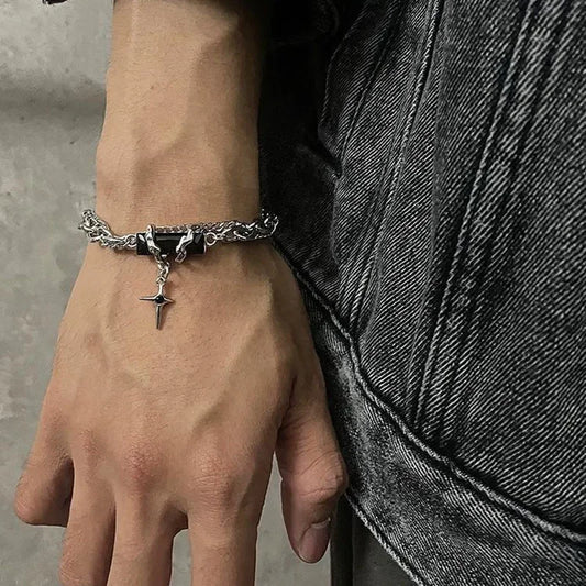 Retro Black Zircon Star Chain Bracelet – Unisex Punk Stainless Steel