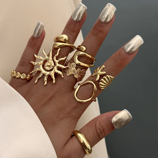 8-Piece Bohemian Sun Starfish Shell Open Ring Set – Punk Geometric Beach Jewellery Gift