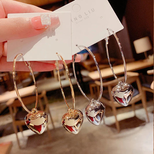 Heart Pendant Drop Earrings – Gold Colour Exaggerated Big Circle Hoop Earrings Korean Jewellery