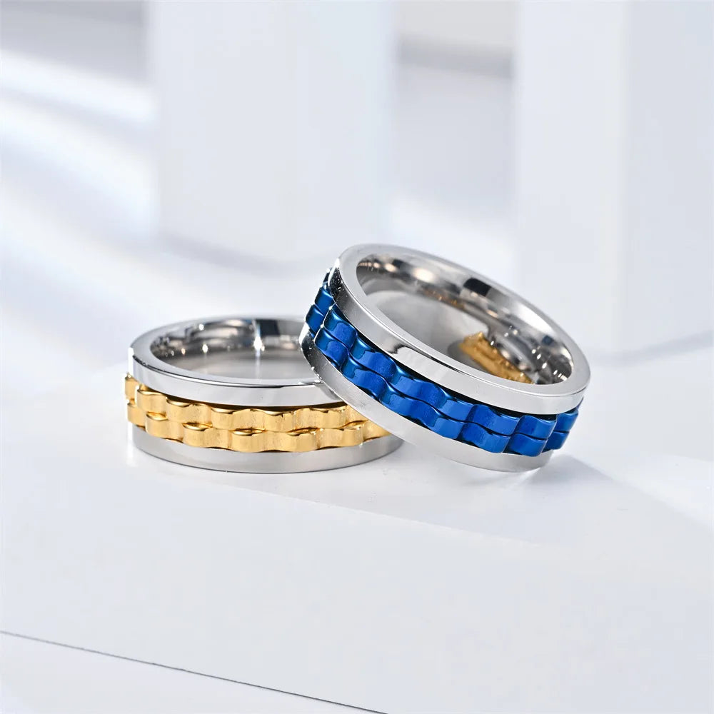 Anti Stress Stainless Steel Ring For Men Gear Chain Rotating Anxiety Relief Spinning Fidget Rings Punk Jewelry Size 6-13