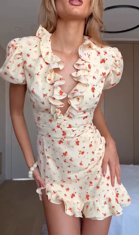 Elegant Print Low-cut Ruffle Short Dress Women V-neck Short-sleeved Waist Cinching Pleated Mini Dresses Casual Party Vestidos