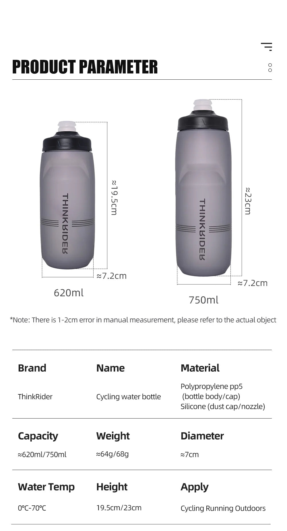 ThinkRider MTB Cycling Water Bottle – 620ml & 750ml Squeeze Sports Bottle
