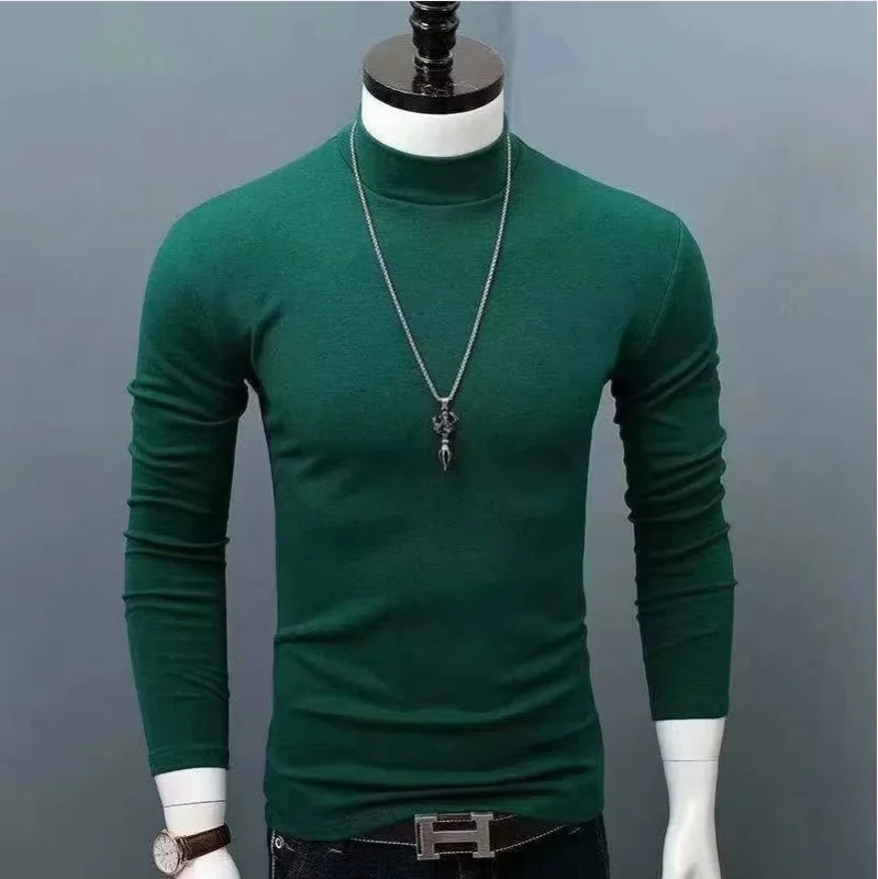 Fashion Men's Oversize High Collar Long Sleeves Autumn Winter Pure Thermal Shirt for Men Layering Stylish T-Shirt