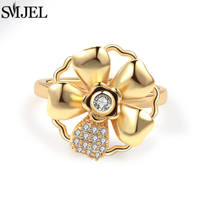 Bohemia Fidget Spinner Ring Anxiety for Women Multiple Crystal Flower Adjustable Open Rings Rotate Anti Stress Wedding Jewelry