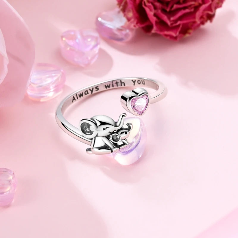 925 Sterling Silver Creative Elephant Parent Child Open Ring Sparkling Zircon Rings For Women Fine Anniversary Jewelry Gifts