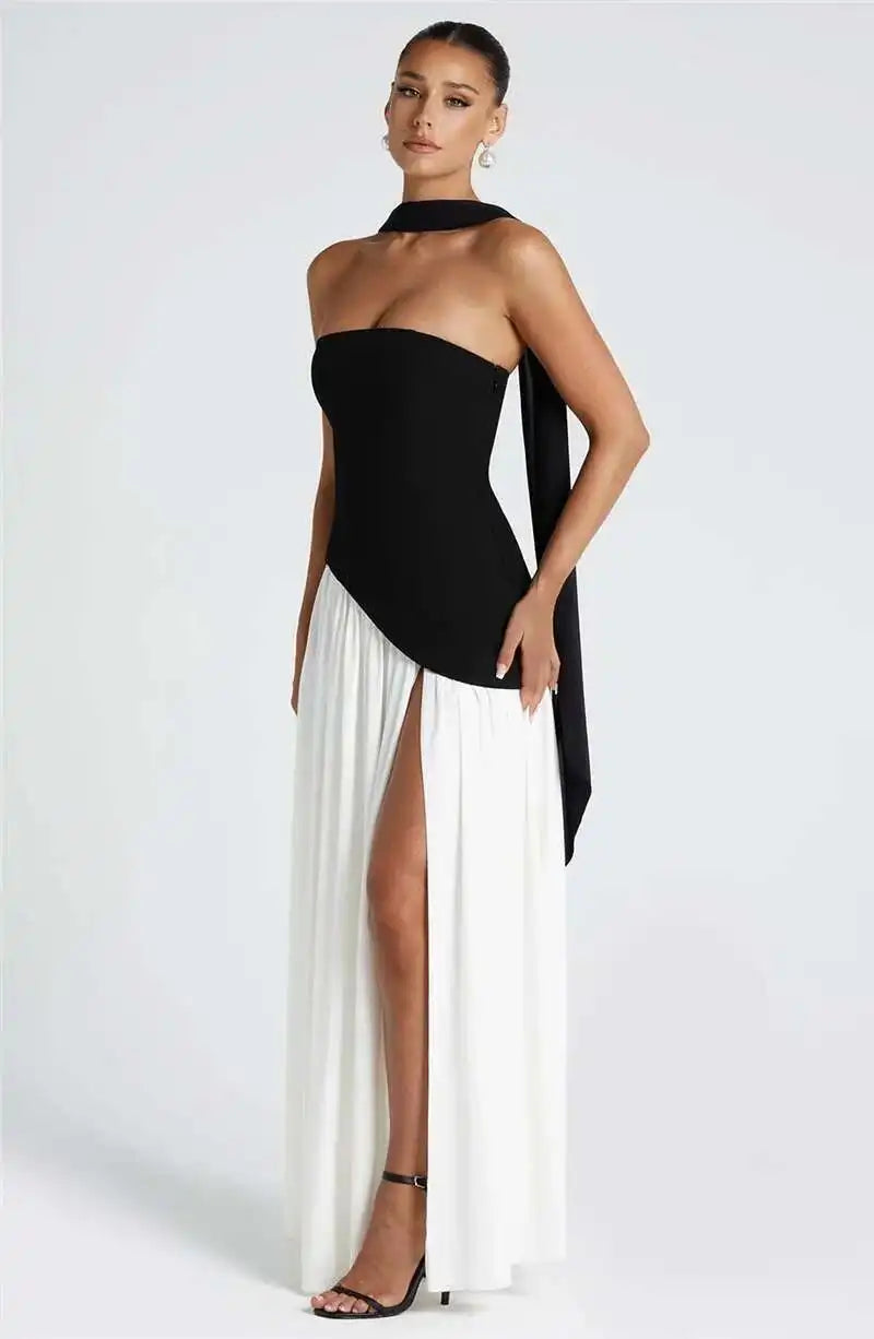 Elegant Off-shoulder Strapless Sexy Summer Party Women Gown Patchwork Pleat Scarf Neck Holiday Evening High Split Long Dresses