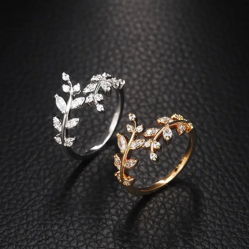 Fashion Olive Leaf Opening Rings for Women Inlaid Shiny CZ Simple Stylish Finger Accessories Party Girl Gift New Jewelry Кольца