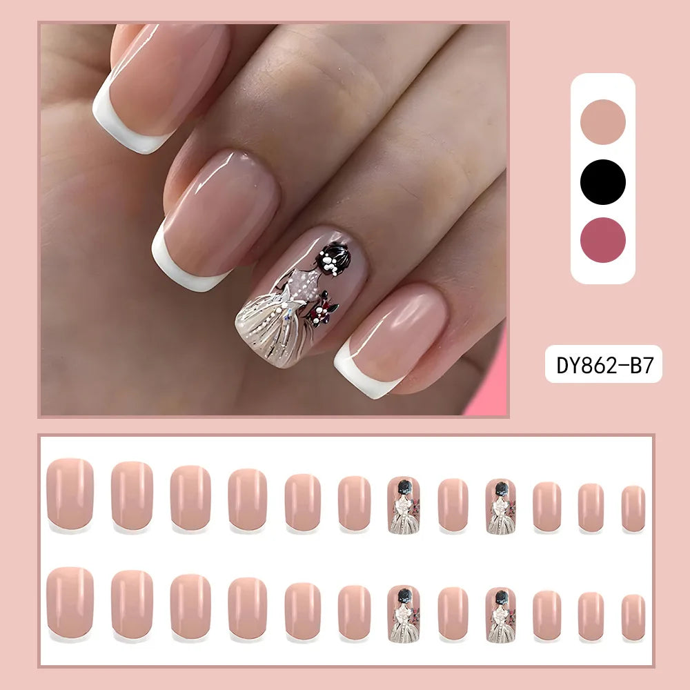 24pcs/set short square fake nails for women cute bride heart white french tips faux ongles y2k press on false nail supplies
