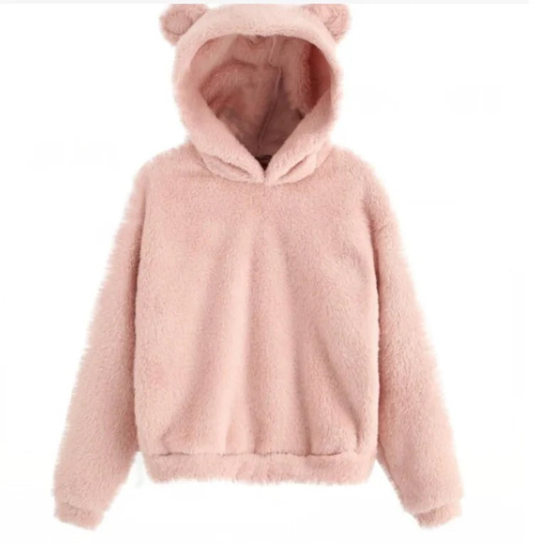 Autumn Winter Women's Hoodies Winter Women Long Sleeve Rabbit Ear Hood Sweatshirt Cute Plush Warm Casual Hoodie Tops