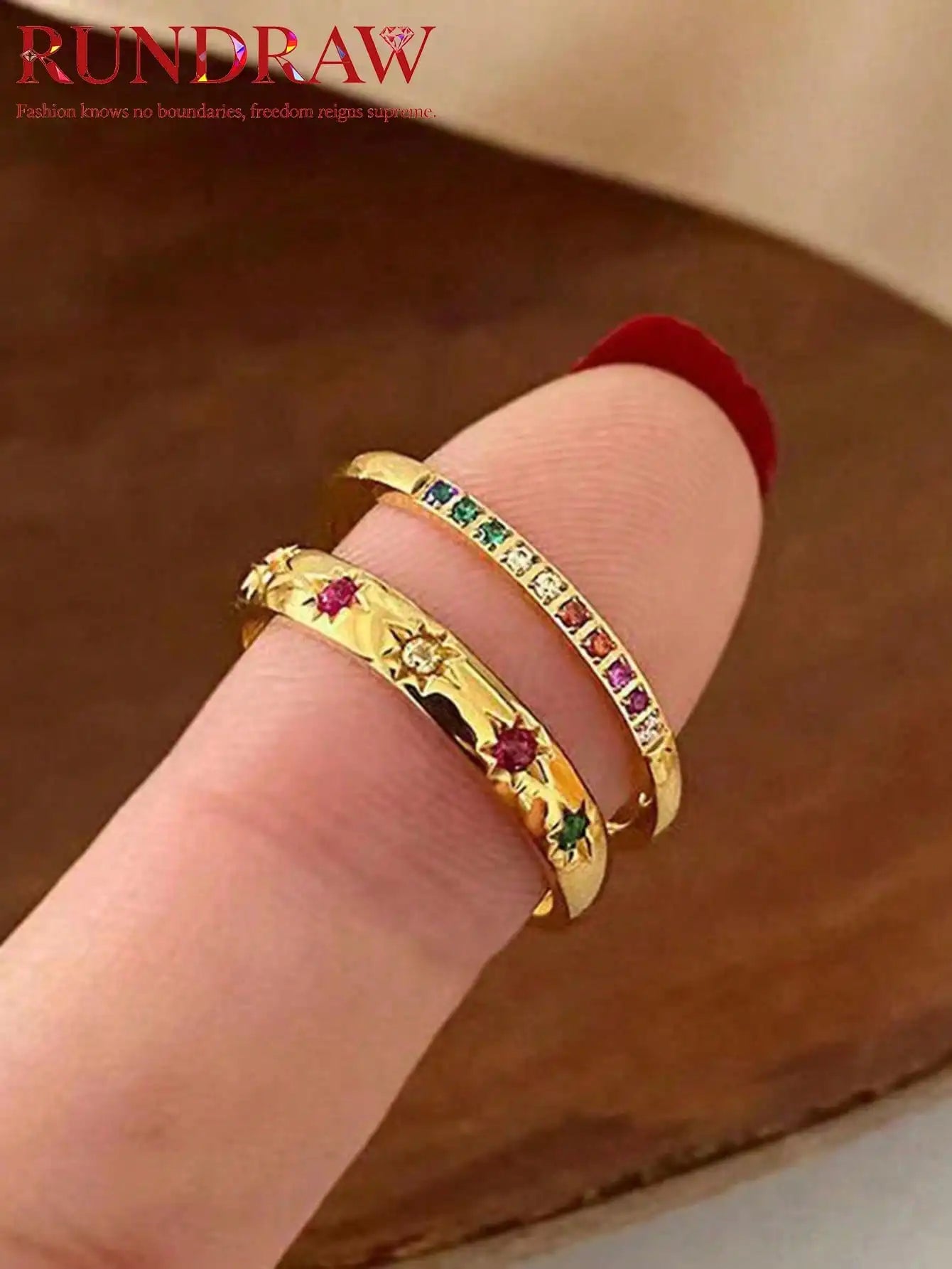 2pcs/Set Colorful Cubic Zirconia Gold-Tone Waterproof Star Rings Set, Jewelry Gift  double rings for friend  jewelry Y2k fashion