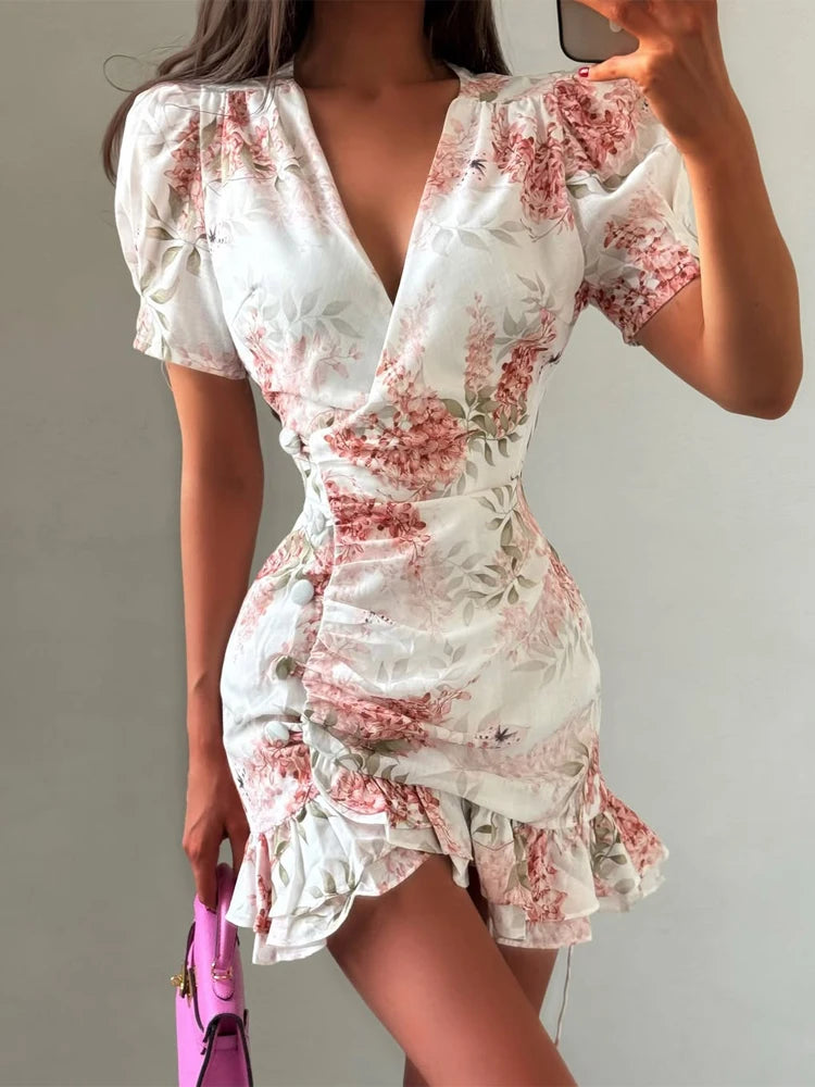 Elegant Print Low-cut Ruffle Short Dress Women V-neck Short-sleeved Waist Cinching Pleated Mini Dresses Casual Party Vestidos