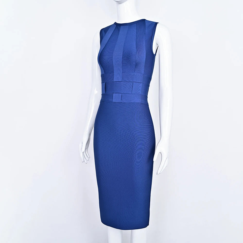 BEAUKEY 2025 New Trendy Vintage Woven Evening Bandage Dress Navy Blue Party Bodyon Dress Women Luxury Celebrity Elegant Dresses