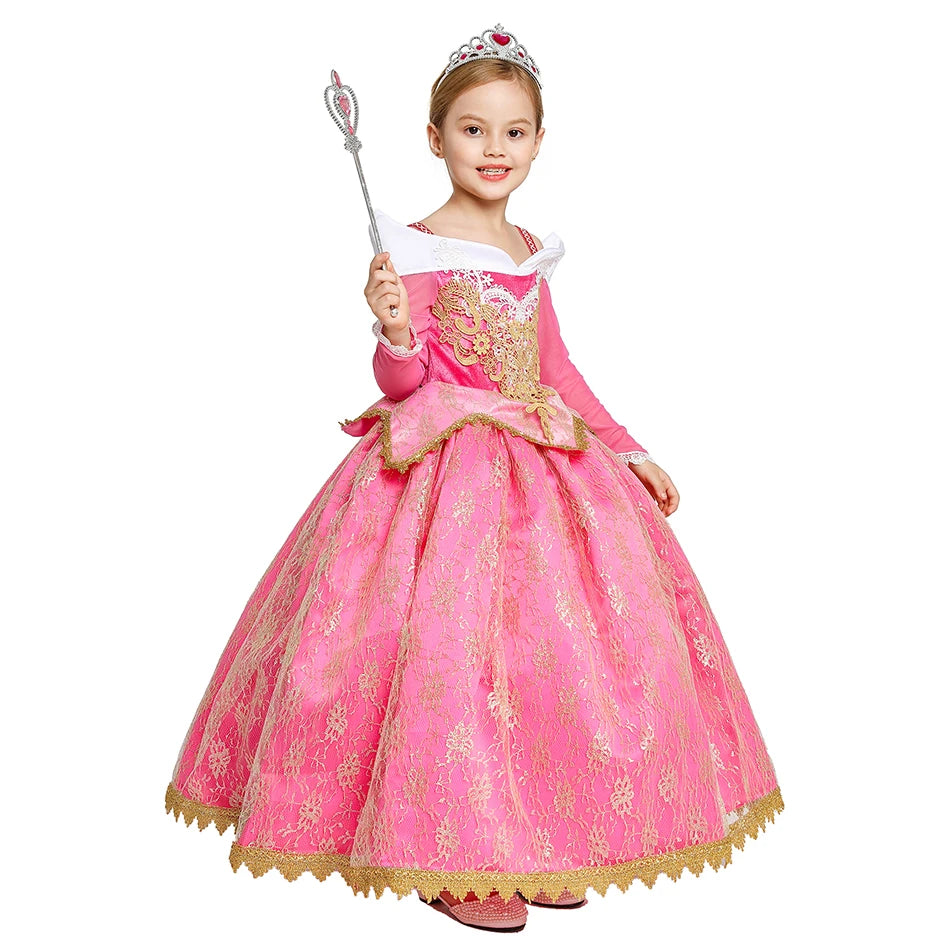 Girls Princess Dress Sleeping Beauty Aurora Cosplay Costume 2025 Kids Carnival Birthday Party Pink  Long Sleeve  Evening Dresses
