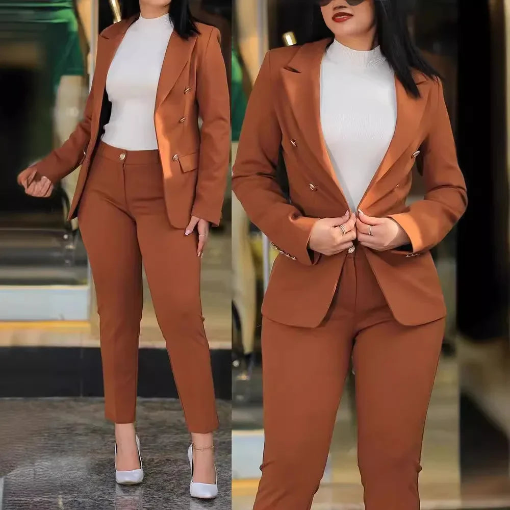 2-delige dameskledingset voor op kantoor: blazer met lange mouwen en potloodbroek met hoge taille, effen kleur
