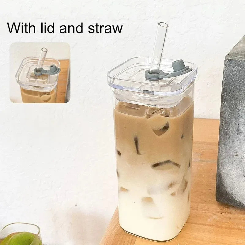Square Heat-Resistant Glass Coffee Cup with Lid & Straw – 400ml Transparent Mug