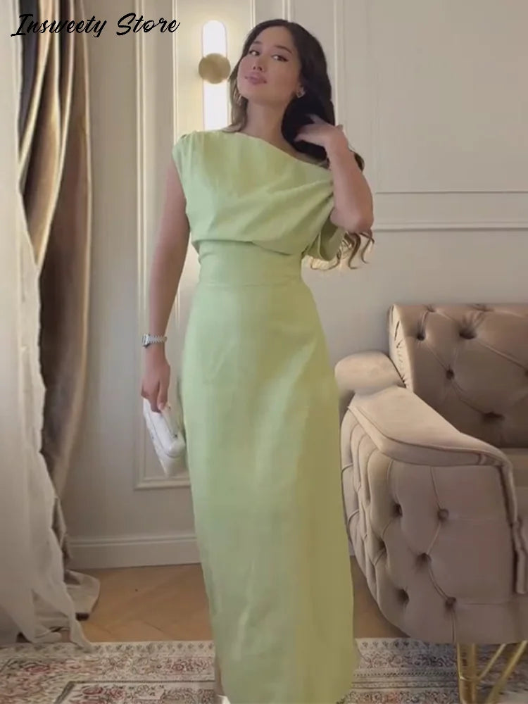 Elegant One Shoulder Solid Dress Women's Waist-cinching Side Split Ankle-length Dresses 2026 Summer New Lady Casual Cozy Robes