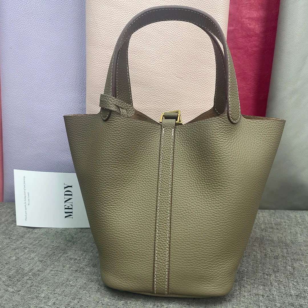 MENDY Genuine Leather Bucket Bag – Premium Large Tote Handbag for Women