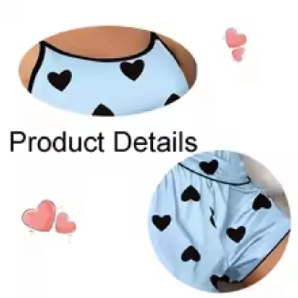 Casual Loungewear Set for Women – Heart-Print Ice Silk Tee & Shorts, Summer PJs
