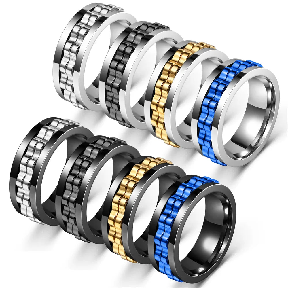 Anti Stress Stainless Steel Ring For Men Gear Chain Rotating Anxiety Relief Spinning Fidget Rings Punk Jewelry Size 6-13