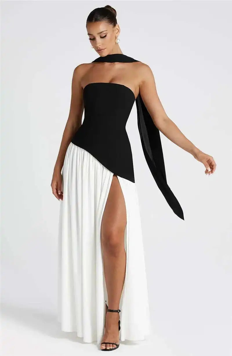 Elegant Off-shoulder Strapless Sexy Summer Party Women Gown Patchwork Pleat Scarf Neck Holiday Evening High Split Long Dresses