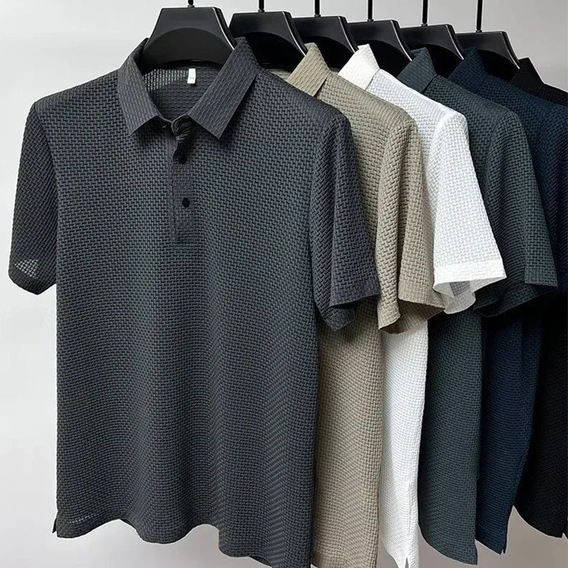Men's Bone Flower Solid Color Polo Shirt Business Casual Short Sleeve Summer Breathable Versatile Top